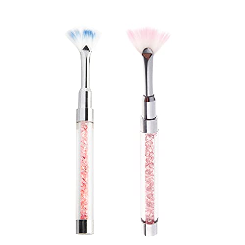 ONNPNN 2 Pieces Nail Art Brush, Fan Shape Rhinestone Handle Dust Remover, Gradient Nail Cleaning Brushes, Drawing Painting Manicure Pen, Acrylic Liner Pens Glitter Powder Removing Tools, Pink & Blue