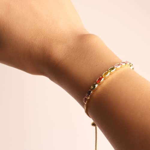 Agriajun Multi Color Tennis Bracelet For Women Girls - Cute Dainty Thin Gold Chain Adjustable Box Chain - Green Yellow Purple Red Cubic Zirconia Cz Birthstone Trendy Prom Jewelry Gift #TOP2