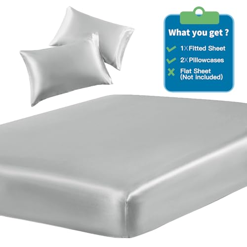 Image of SiinvdaBZX 3-Piece Set Satin Full Fitted Sheet & 2 Pillowcase, Silver Grey Silky Soft Fitted Bottom Sheet, Wrinkle Free, Fade Resistant, Deep Pocket Bed Sheet (Deep Up to 15 inch)
