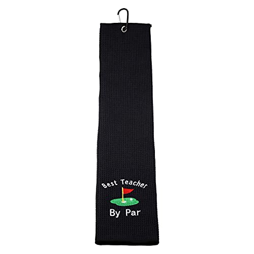 Serviette de golf haut de gamme brodée noire avec attache mousqueton