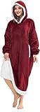 HBlife Long Oversized Wearable Blanket Hoodie for Adults, Thick Sherpa Fleece Sweatshirt with Elastic Sleeves & Giant Pockets, Cozy Plush Fleece Jacket, Burgundy