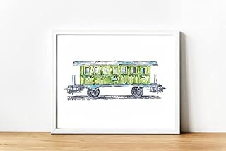Green vagon caboose vintage train locomotive retro Painting Wall Poster Watercolor Art Print (8x10 inches)
