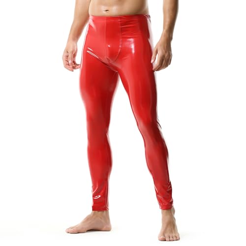 QiaTi Pantaloni da uomo in pelle PU, elasticizzati, pantaloni stretti, leggings da uomo, in PU, slim fit, pantaloni lunghi per rock punk moto, 2#rosso, XL