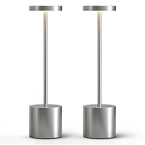 Kabellose Tischleuchte, USB, wiederaufladbar, Schreibtischlampe für den Außenbereich, 2 Modi, Aluminium, verstellbar, 6000 mAh, für Zuhause und Restaurant, Terrasse (satiniertes Silber) Cover