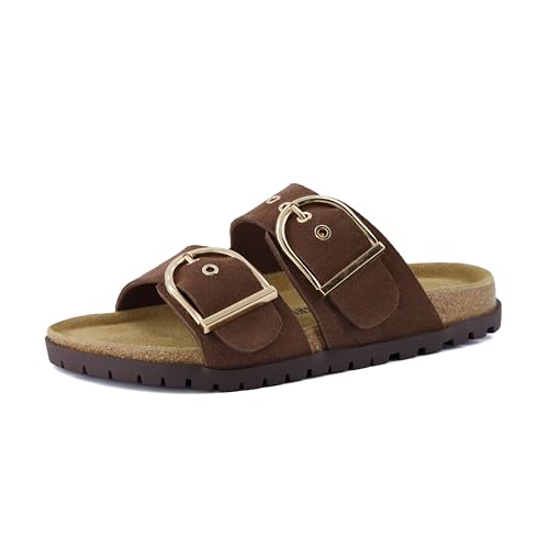 CUSHIONAIRE Brook Women’s Suede Double-Buckle Cork Footbed Slide Sandals with Memory Foam Comfort3