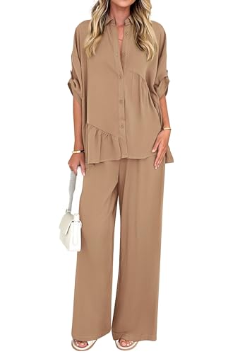 KIRUNDO Two Piece Sets for Women Spring Outfits 2026 Summer Dressy Casual Button Down Shirt Wide Leg Pants Lounge Set(Khaki, Small)
