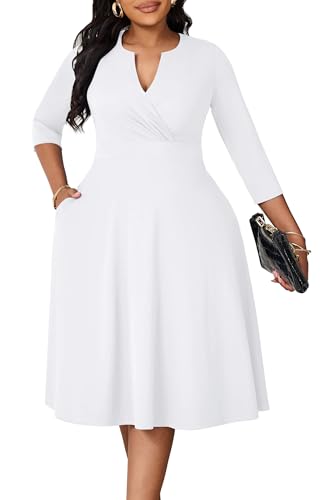 Image of Runwind Women's Plus Size Midi Dress 3 /4 Sleeve Fit and Flare Cocktail Dresses Casual V-Neck Dress with Pockets