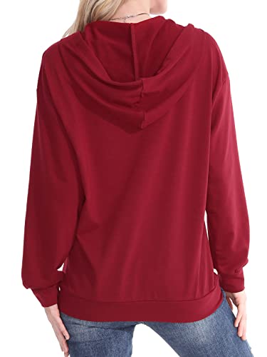 Elgogy Womens Long Sleeve V Neck Hoodie Sweatshirts Lightweight Pullover Tops With Kangaroo Pocket Burgundy Red L #TOP2