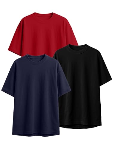 Image of Veirdo 100% Pure Cotton Drop Shoulder Oversized Baggy Fit Half Sleeve Plain Solid Round Neck Multicolor T-Shirt Combo for Men (Pack of 3) (Sizes S-2XL)