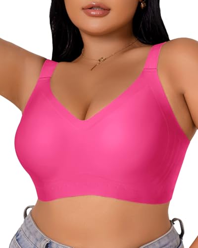 LIIJOO Women’s Plus Size Full Coverage Wireless Bras – Supportive Wide Strap Comfort Bra for Sagging Breasts, No Back Fat Minimizer Bra（Hot Pink, 4XL Plus Size）