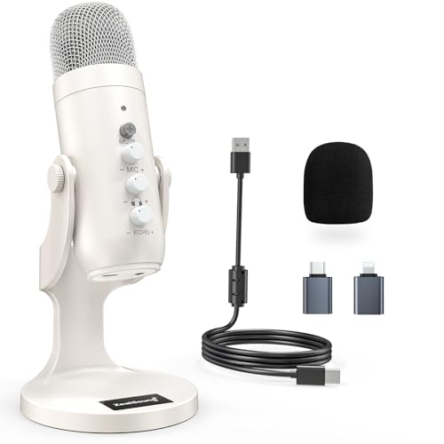 zealsound USB Mikrofon mit Rauschunterdrückung, Mute, Echo & Gain, für PC, Mac, iPhone, Android, PS4/PS5, ideal für Streaming, Gaming, ASMR, YouTube, Gesang, Twitch – K66 Pearly White