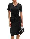 GRACE KARIN Damen Kurzarm V-Ausschnitt Cocktailkleid, tailliert mit Raffungen und Schlitz hinten, Business Look Schwarz L