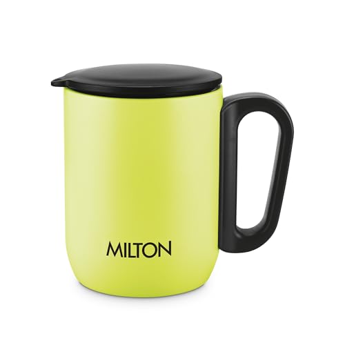 Image of MILTON Gemini Coffee Mug 250 Double Walled Non - Insulated | 220 ml Inner Stainless Steel Tea Mug with Lid & Handle | Hot & Cold | Coffee Mug Travel Tea Cup | Black Coffee | Tea Cup Single | Neon