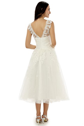 Engerla Women's Tea Length Straps Tulle Applique Crystal Bride Wedding Gown(Us12) White #TOP1