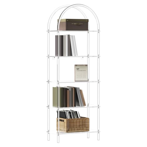 CRTERICX Acrylic Arched Bookshelf 5-Tier Clear Bookcase Modern Open Book Shelves for Home Office Bedroom Living Room 11.8 D x 23.64 W x 65.7 H