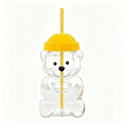 Image of New Glass Bear Straw Cup 600ML Cute Bear Glass Tumbler with Reusable Straw - Viral Animal Design for Smoothies, Boba & Iced Coffee (Yellow)