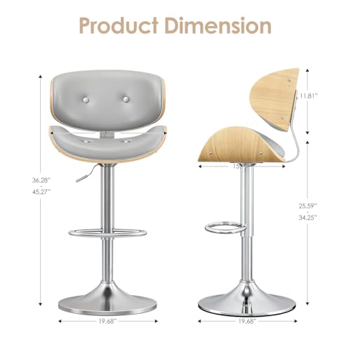 Image of Adjustable Swivel Bar Stools Chair,Counter Height Bar Stools with Back,350 LBS PU Leather Bar Stool for Kitchen Island,Upholstered Pub Stools with Footrest (Grey, Set of 4)