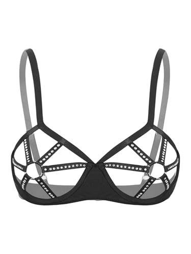 inhzoy Damen Balconette BH Mit Bügel Aushöhlen Büstenhalter Mit Strass O-Ring Ouvert Dessous Körper Geschirr Reizwäsche Brust Offen Schwarz L