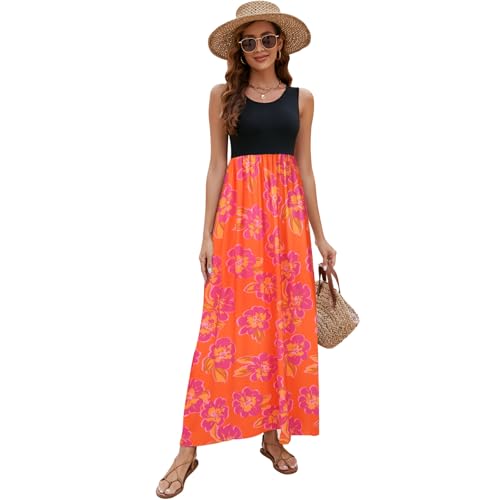 Image of Sherosa Women Boho Chevron Striped Floral Printed Summer Sleeveless Tank Long Maxi Party Dress