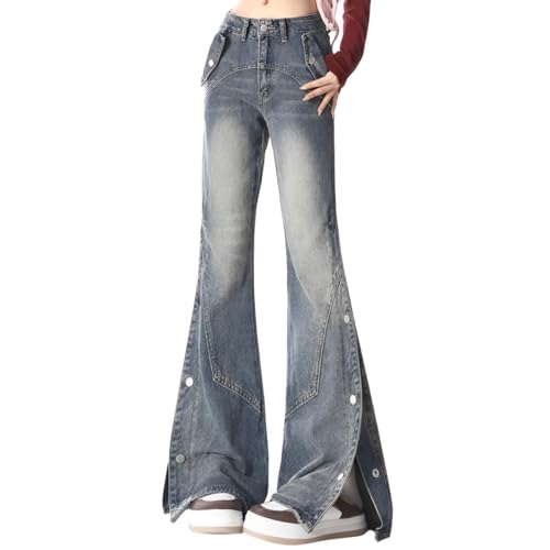 Casual Straight Leg High Waisted Y2K Jeans Fashion Gradual Patchwork Sides Buttoned Split Flared Denim Pants