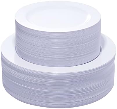 KIRE 120PCS White Plastic Plates - Heavy Duty White Disposable Plates for Party/Wedding - Include 60Pieces 10.25inch White Dinner Plates - 60Pieces 7.5inch White Dessert/Salad Plates