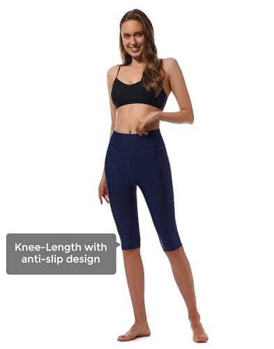 Womens UPF50+ Swim Capris High Waisted Swim Pants Tummy Control Knee Length Long Swim Shorts with Pockets Quick Dry3