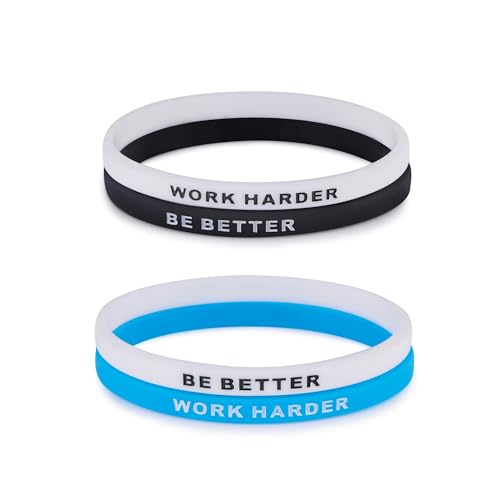LIU JUN Work Harder Be Better Inspirational Bracelet For Women Men, Stretch Silicone Self Worth Motivational Wristbands Bracelets Stackable Personalized Healing Gifts Jewelry (Harder White+Blue)