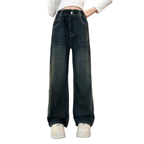 Girls Kids Baggy Jeans High Rise Elastic Waist Wide Leg Casual Denim Pants Trousers Vintage Streetwear with Pockets