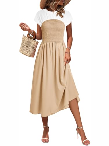 Image of Wenrine Womens Casual Summer Midi Dress Smocked Cap Sleeve Crew Neck Color Block A Line Flowy Beach Dresses