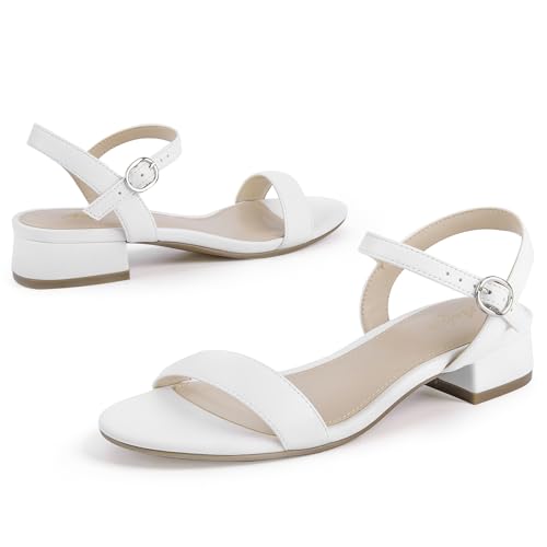 Image of Ankis Women Nude Black White Open Toe 1 Inch Block Low Heel Sandals Daily | 1-inch block heel, adjustable ankle strap, foam padded, non-slip rubber sole, all-day comfort for daily, graduation, wedding