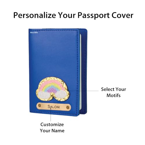 Image of AICA Personalised Name & Embroidery Patch Leather Passport Holder for Men & Women | Gifts for Women| Gift for Man|Passport Cover for Men| Passport Cover for Women (Royal Blue)