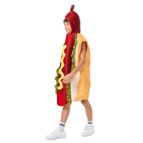 Joyincoser 3D Hotdog Kostüm Kinder Herren Maskottchen Hotdog Einteilig Essen Brötchen mit Würstchen Kostüm Für Halloween Cosplay Karneval