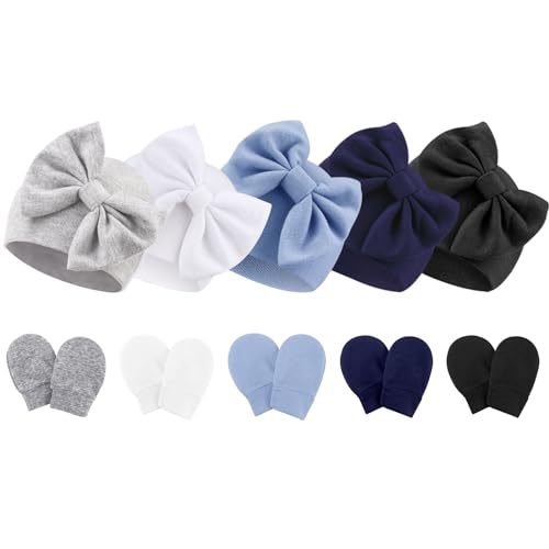 Image of Newborn Baby Hats and Mittens Set Infant Bow Beanie Cap Toddler Gloves Newborn Hospital Hats for Baby Boy Girl Kid 0-6 Months