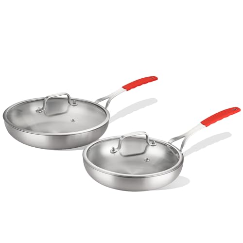 Image of DELARLO Tri-Ply Stainless Steel Frying Pan Set 8 inch 10 inch with Lid Skillet | Stainless Steel Pan Cooking Heat fast and evenly Compatible with All Cooktops Dishwasher and Oven Safe