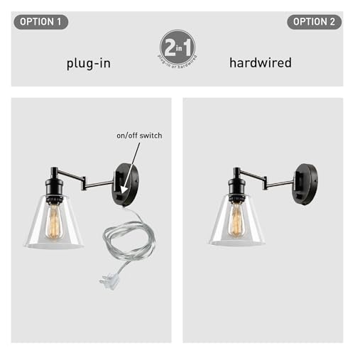 Globe Electric 65311 1-Light Plug-in or Hardwire Industrial Wall Sconce, Dark Bronze Finish, On/Off Rotary Switch, 6ft Clear Cord, Clear Glass Shade, Wall Lights for Living Room, Apartment Essentials