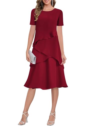Tea Length Mother of The Bride Dresses for Women Ruffles Chiffon Formal Wedding Guest Dress with Short Sleeves