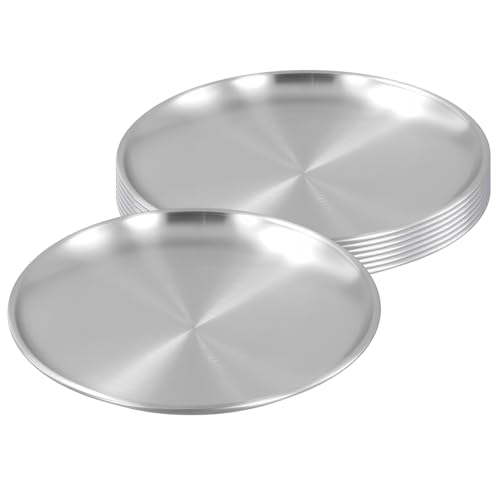 PINGEUI 8 platos llanos de acero inoxidable de 20 cm, plato redondo de metal plateado, plato de camping para barbacoa en casa, picnics y restaurantes