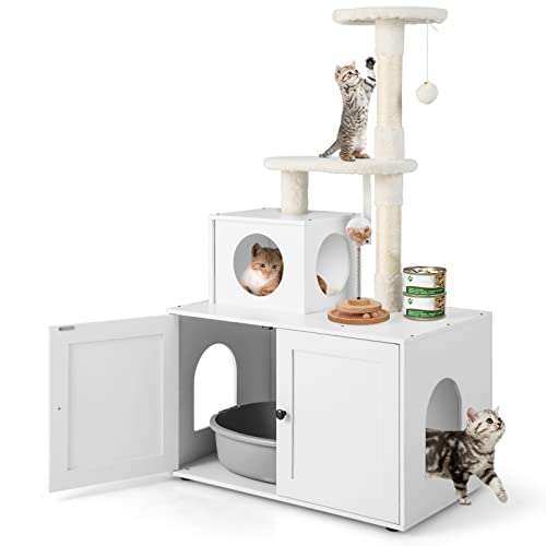 GYMAX 2-in-1 Kratzbaum 132 cm, multifunktionaler Katzenbaum mit Katzentoilette, Katzenschrank mit Katzenhaus, Kletterbaum, Katzenkratzbaum mit...