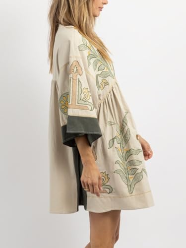 Womens Oversized Embroidered Dress with V-Neck and 3/4 Sleeves Vintage Embroidery Babydoll Dress3