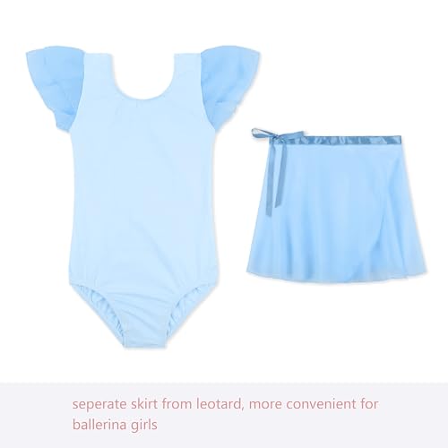 Image of EQSJIU Ballet Leotards for Girls with Removable Skirt Combo Tie Ruffle Sleeve Outfit