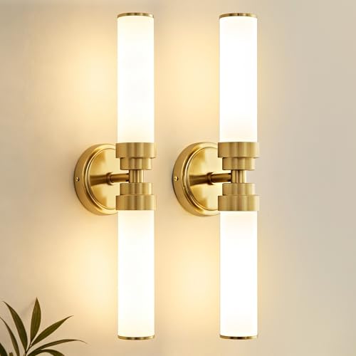 Image of Bathroom Light Fixtures 2 Pack, Gold Wall Sconce with Milk Glass Shade, Modern Vanity Light Up and Down Sconces Wall Light - Bulb Not Included
