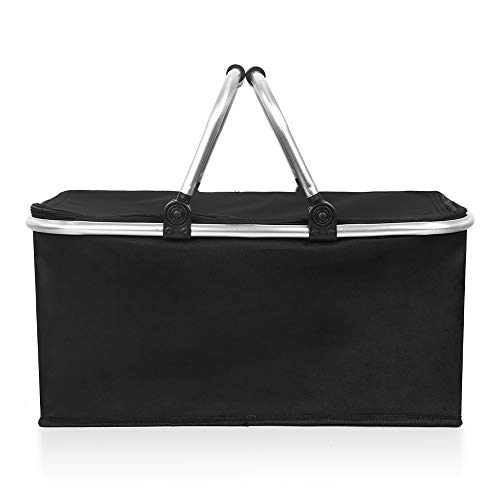 Robasiom - Cesta de picnic plegable con aislamiento de 30 l para la compra, portátil, con cremallera y asas para camping, senderismo, viajes, vacaciones, viajes, actividades al aire libre (negro)