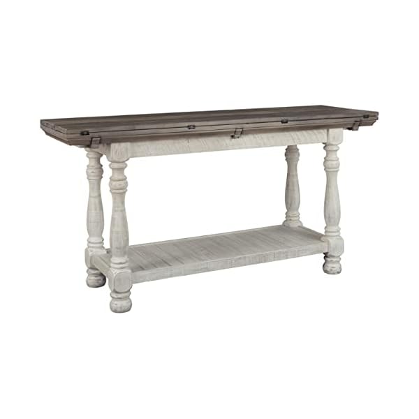 Signature Design by Ashley Havalance Farmhouse Sofa Table, Flip Top Design for Additional Dining Space and Fixed Lower Shelf, Gray & White with Weathered Finish