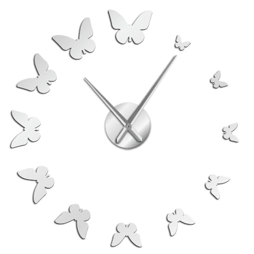 Generico Natura Farfalle Volanti Orologio da Parete Adesivo Moderno Senza Cornice Fai Da Te Design 3D Grandi Dimensioni per Soggiorno, Camera, Ufficio, Facile Installazione (argento,90CM)