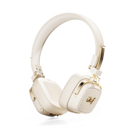iKF E2 On Ear Auriculares Bluetooth,Auriculares Retro inalámbricos de Cuero con Sonido de Graves intensos,90 Horas de reproducción,Bluetooth V6.0, conexión multipunto, Almohadillas extraíbles