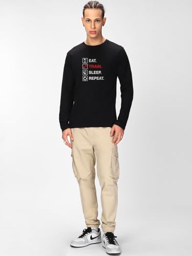 Image of Bewakoof Men Typography Regular Fit Full Sleeve Round Neck Pure Cotton T-Shirt