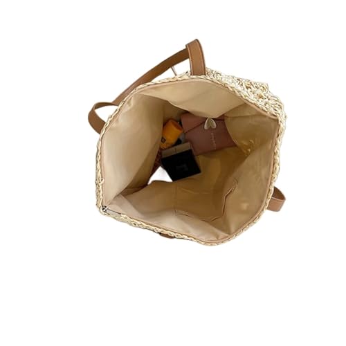 Handmade Woven Raffia Beach Bag | Square Hollow Straw Shoulder Bag | Bohemian Summer Tote for Travel & Shopping(Beige AddRibbon)4