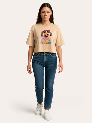 Image of HELLCAT Beige Printed Loose Fit Crew-Neck Crop T-Shirt for Women