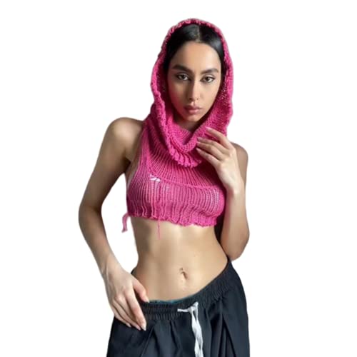 Image of Women's Knitted Hoodie Sweater Vest Sexy Sleeveless Hollow Out Hooded Crop Top Draped Sweatshirt Streetwear
