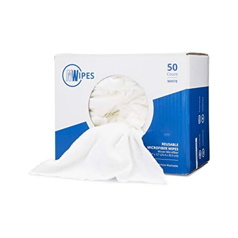 Microfiber Rags in A Box (50 Count) - Mwipes - 10" x 12" Reusable Wipes for Cleaning - Edgeless Terry Towels, Shop Rags, Wash, Dust, Disposable, House, Small Cleaning Cloths (White) Cover